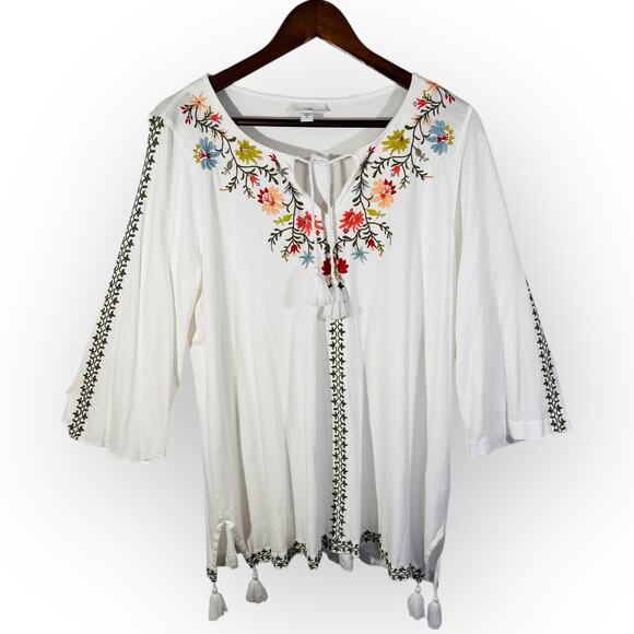 J.Jill Embroidered Floral Peasant Tunic Top White Tassel Tie 3/4 Sleeve Medium - Picture 4 of 13